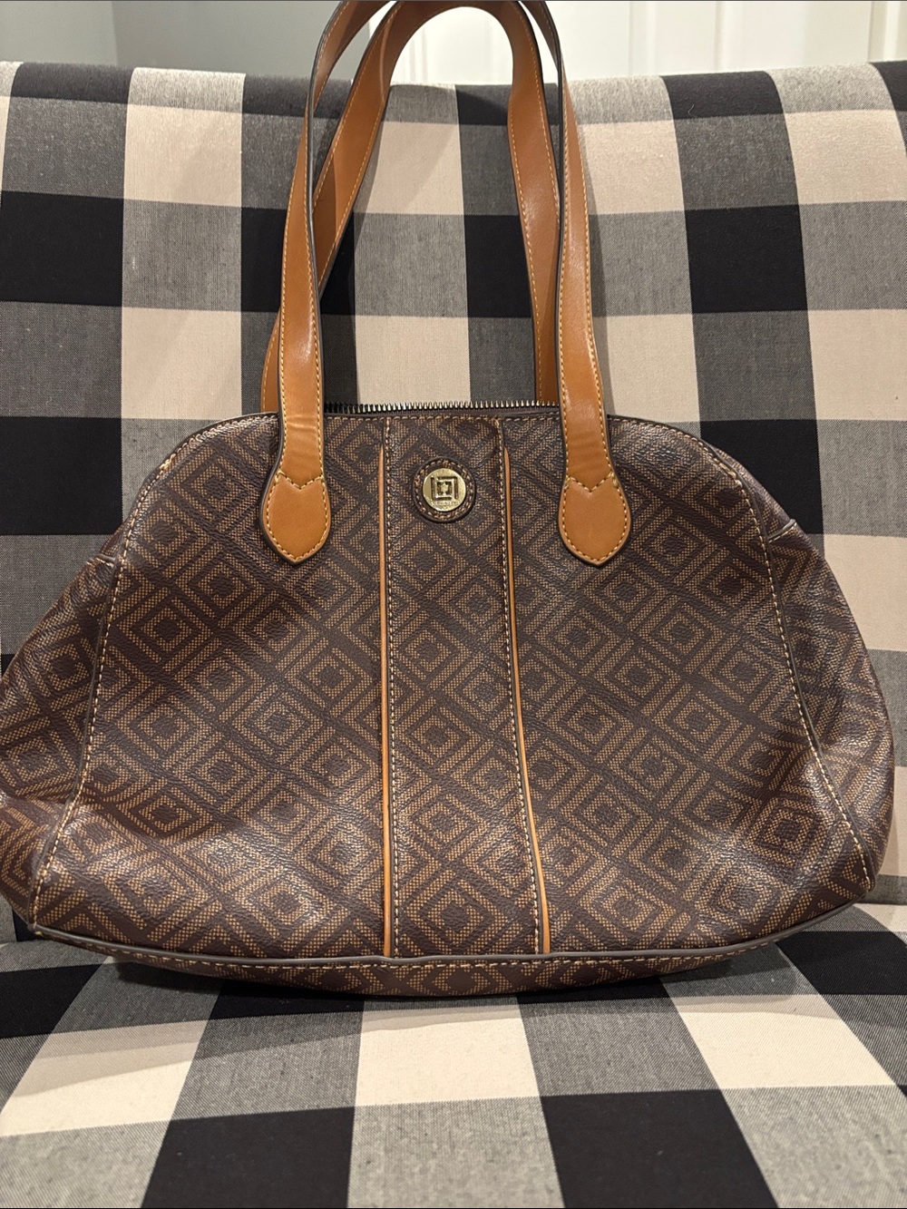 Brown Patterned Vintage Liz Claiborne Dome Tote with Tan leather Handles